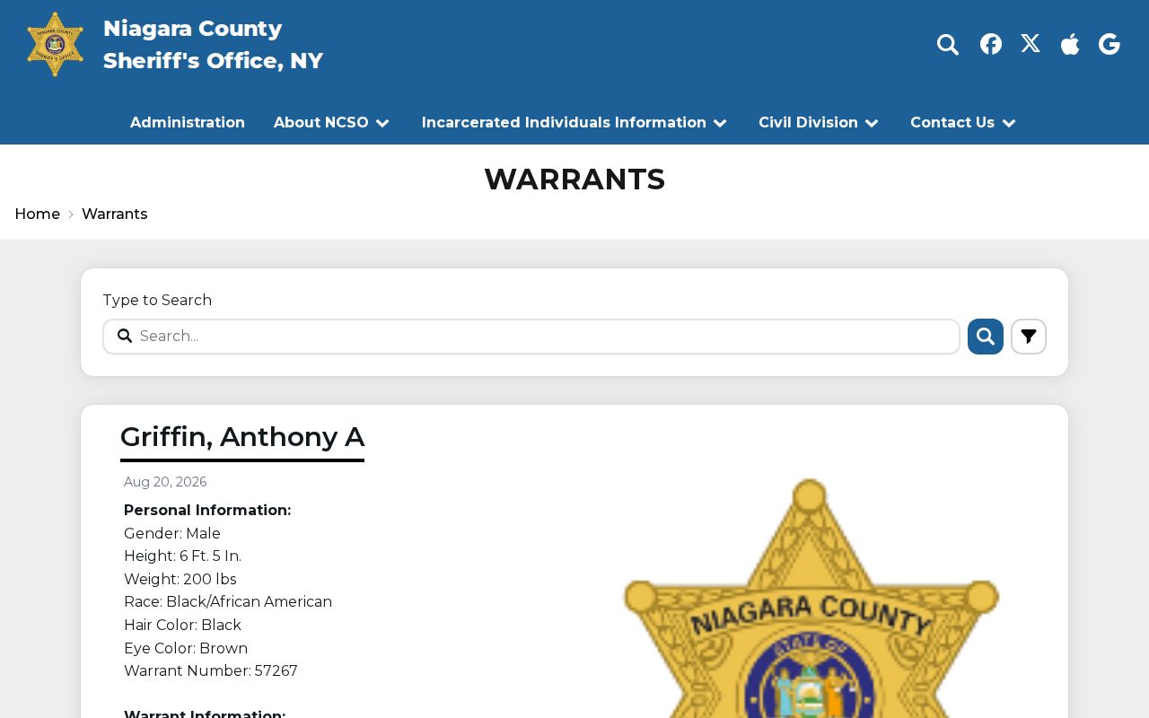 Niagara County Sheriff warrant lookup interface