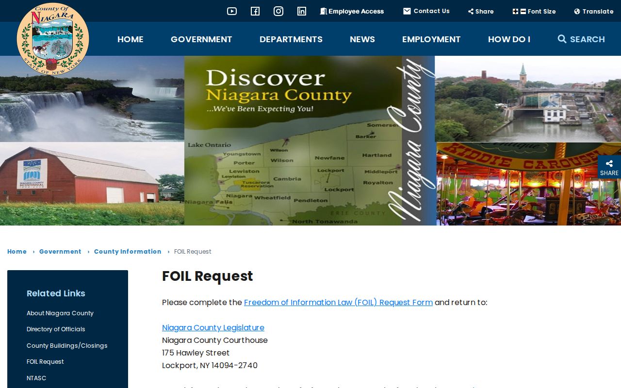 Niagara County booking record FOIL request page